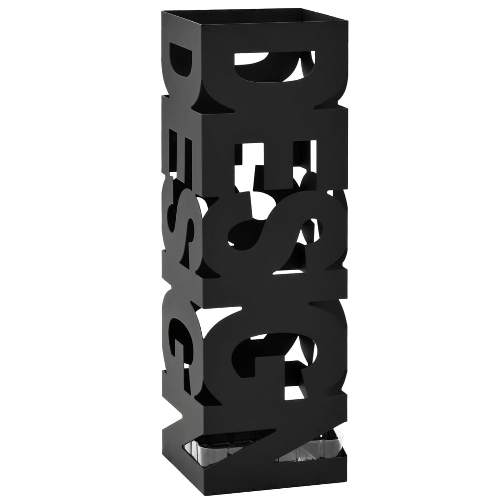 Black powder-coated steel umbrella stand with drip tray, featuring stacked "DESIGN" letters.
