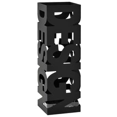 Black powder-coated steel umbrella stand with drip tray, featuring stacked "DESIGN" letters.