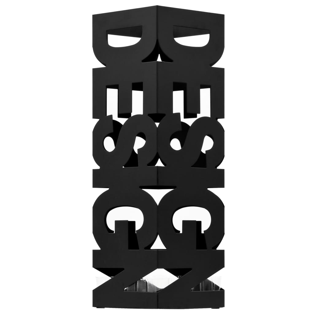 Black powder-coated steel umbrella stand with drip tray, featuring bold stacked letters.