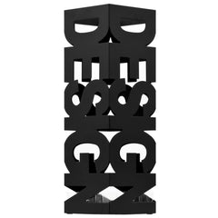 Black powder-coated steel umbrella stand with drip tray, featuring bold stacked letters.