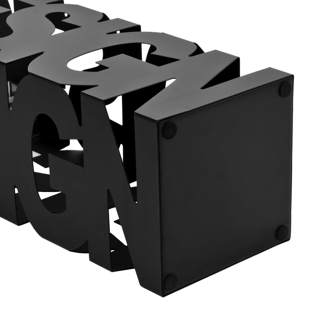 Black powder-coated steel umbrella stand with drip tray, featuring open "Bostome" lettering.