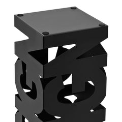 Black powder-coated steel umbrella stand with drip tray and geometric design.
