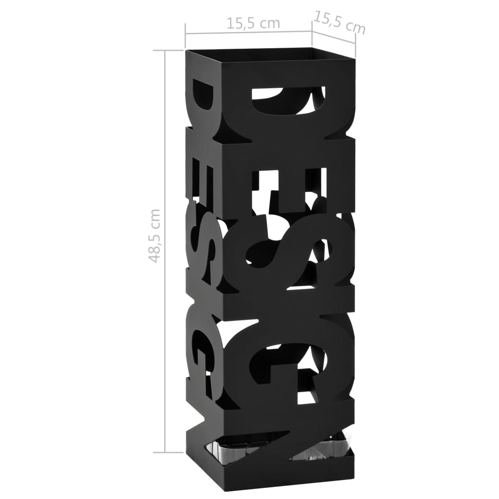 Black powder-coated steel umbrella stand with "DESIGN" letters, drip tray, and dimensions shown.