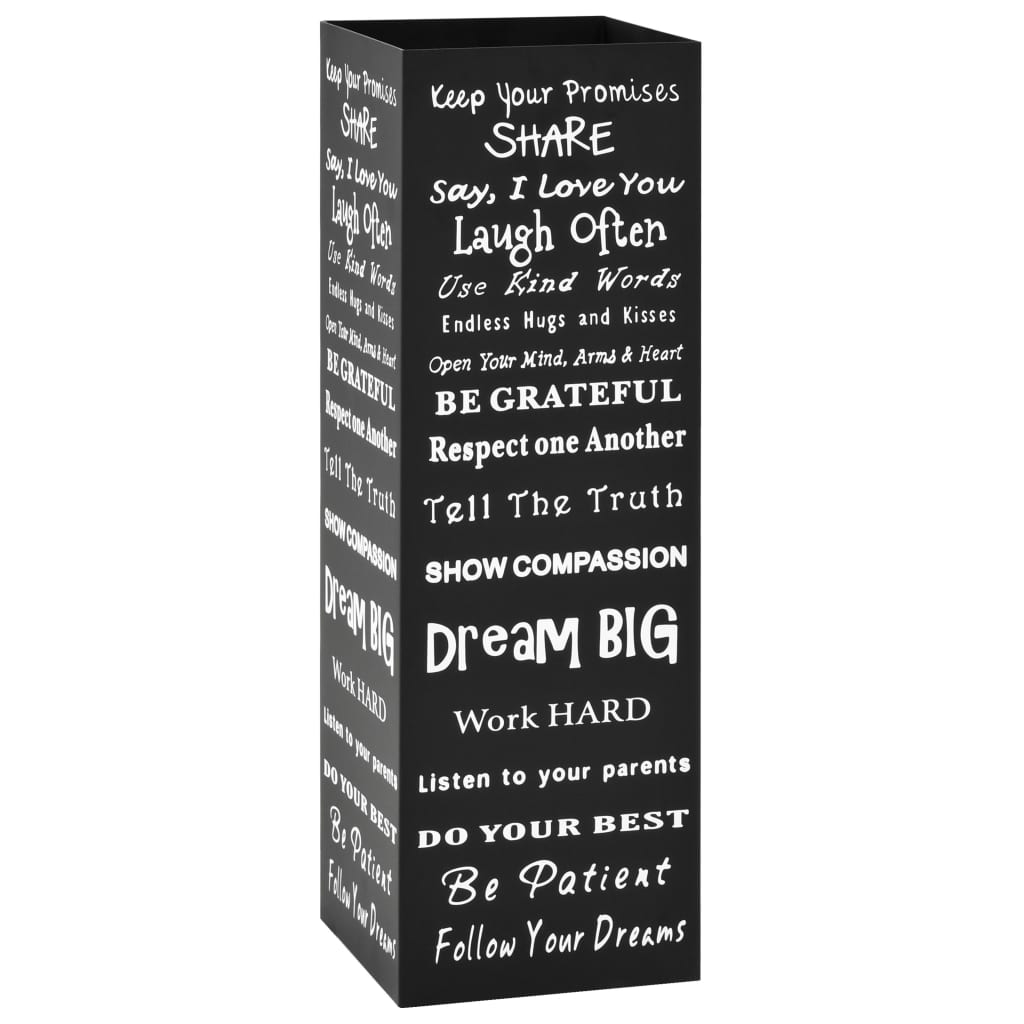 Black powder-coated steel umbrella stand with drip tray and inspirational text.
