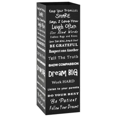 Black powder-coated steel umbrella stand with drip tray and inspirational text.