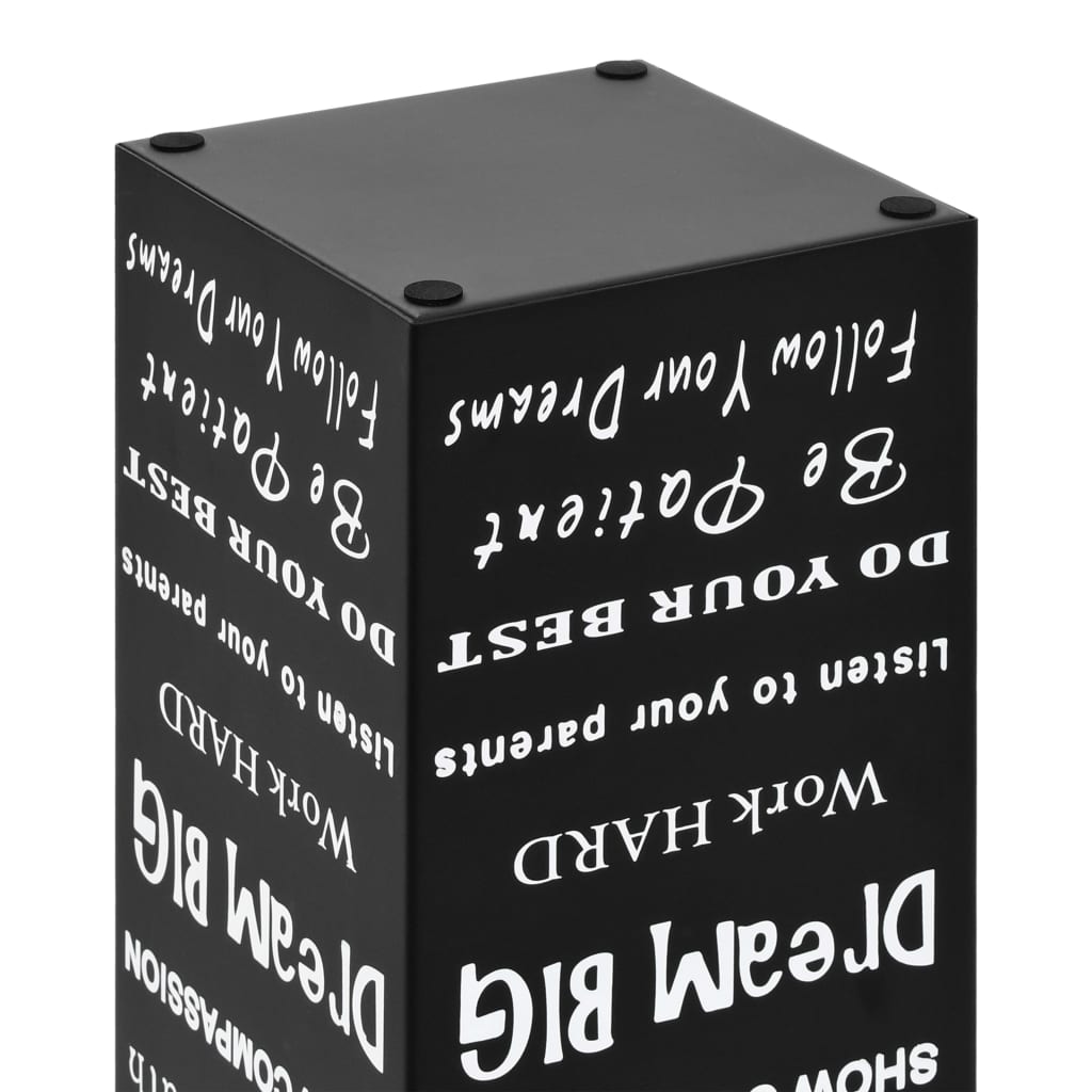 Black powder-coated steel umbrella stand with drip tray, holding six umbrellas.