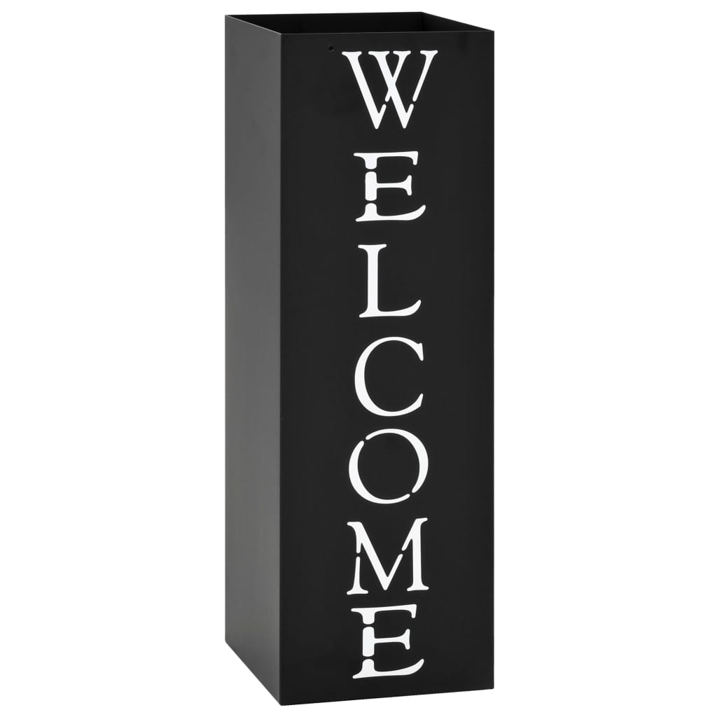 Black powder-coated steel umbrella stand with drip tray and white "Welcome" text.