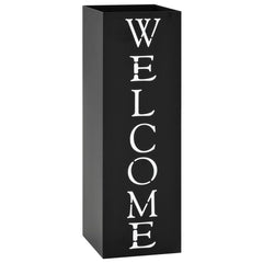 Black powder-coated steel umbrella stand with drip tray and white "Welcome" text.