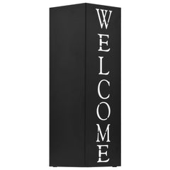 Black powder-coated steel umbrella stand with drip tray, 19 inches tall.