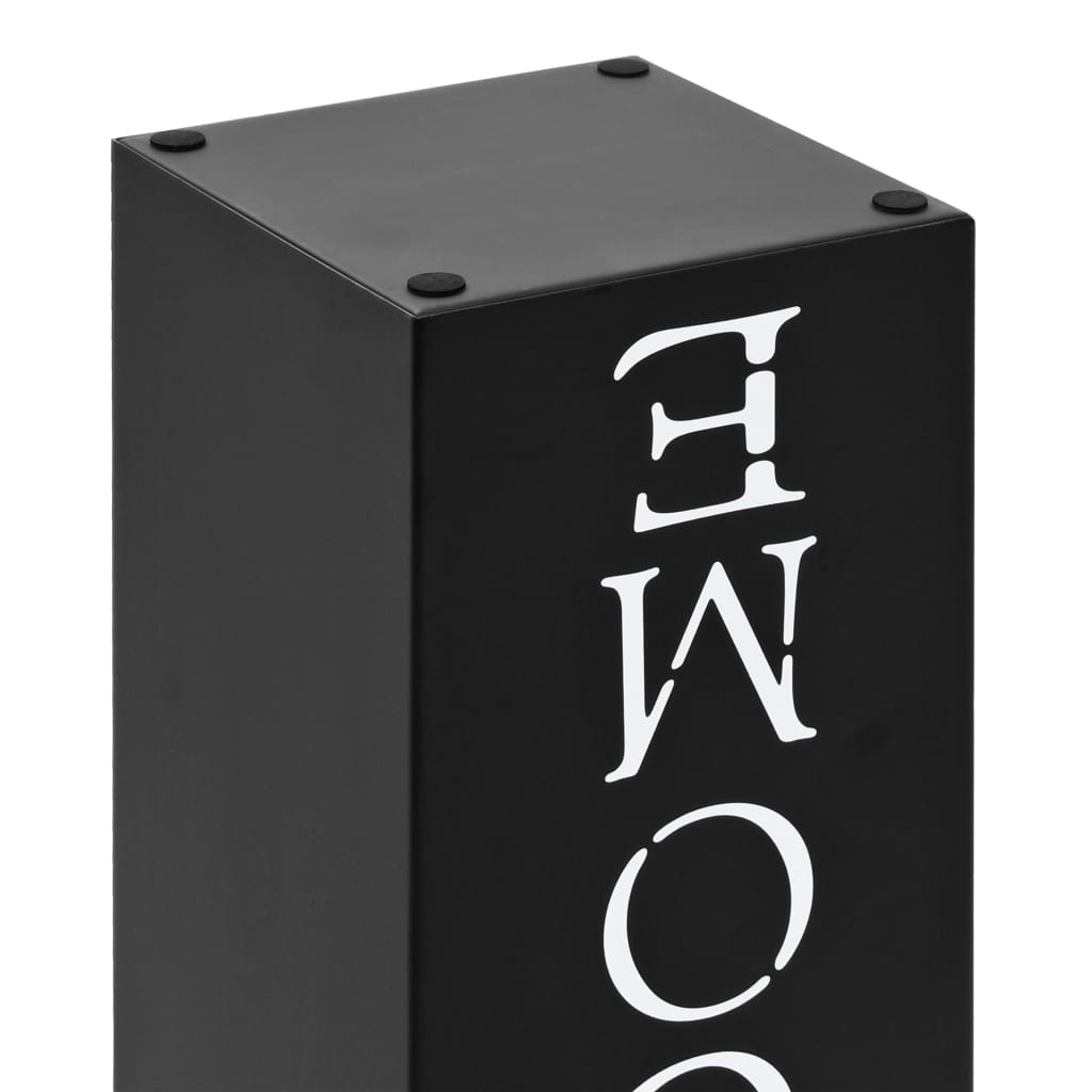 Black powder-coated steel umbrella stand with drip tray and "Bostome" lettering.