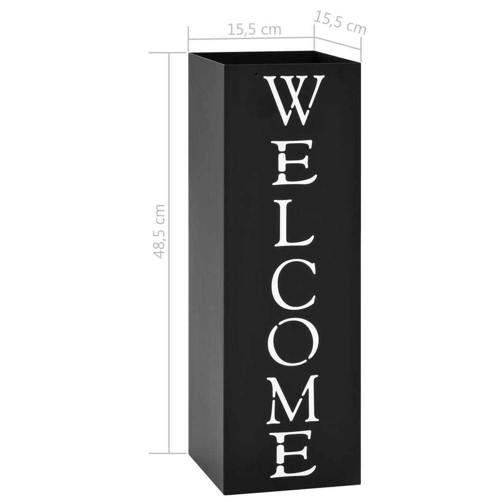 Black powder-coated steel umbrella stand with drip tray, 19 inches tall.