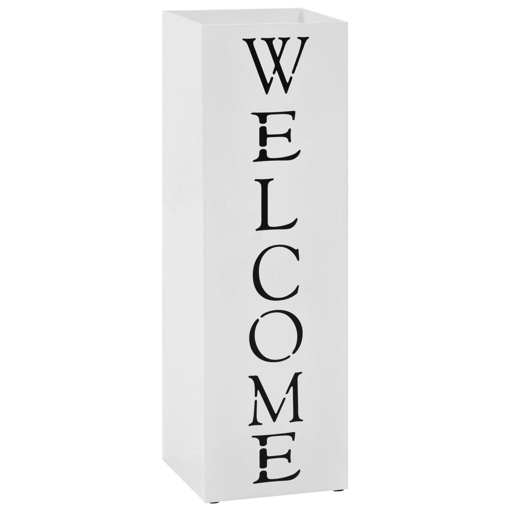 White powder-coated steel umbrella stand with vertical "Welcome" lettering.