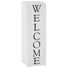 White powder-coated steel umbrella stand with vertical "Welcome" lettering.