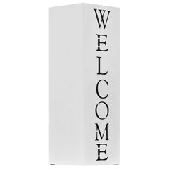 White powder-coated steel umbrella stand with vertical "Welcome" lettering.