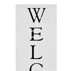 White powder-coated steel umbrella stand with "Welcome" lettering.