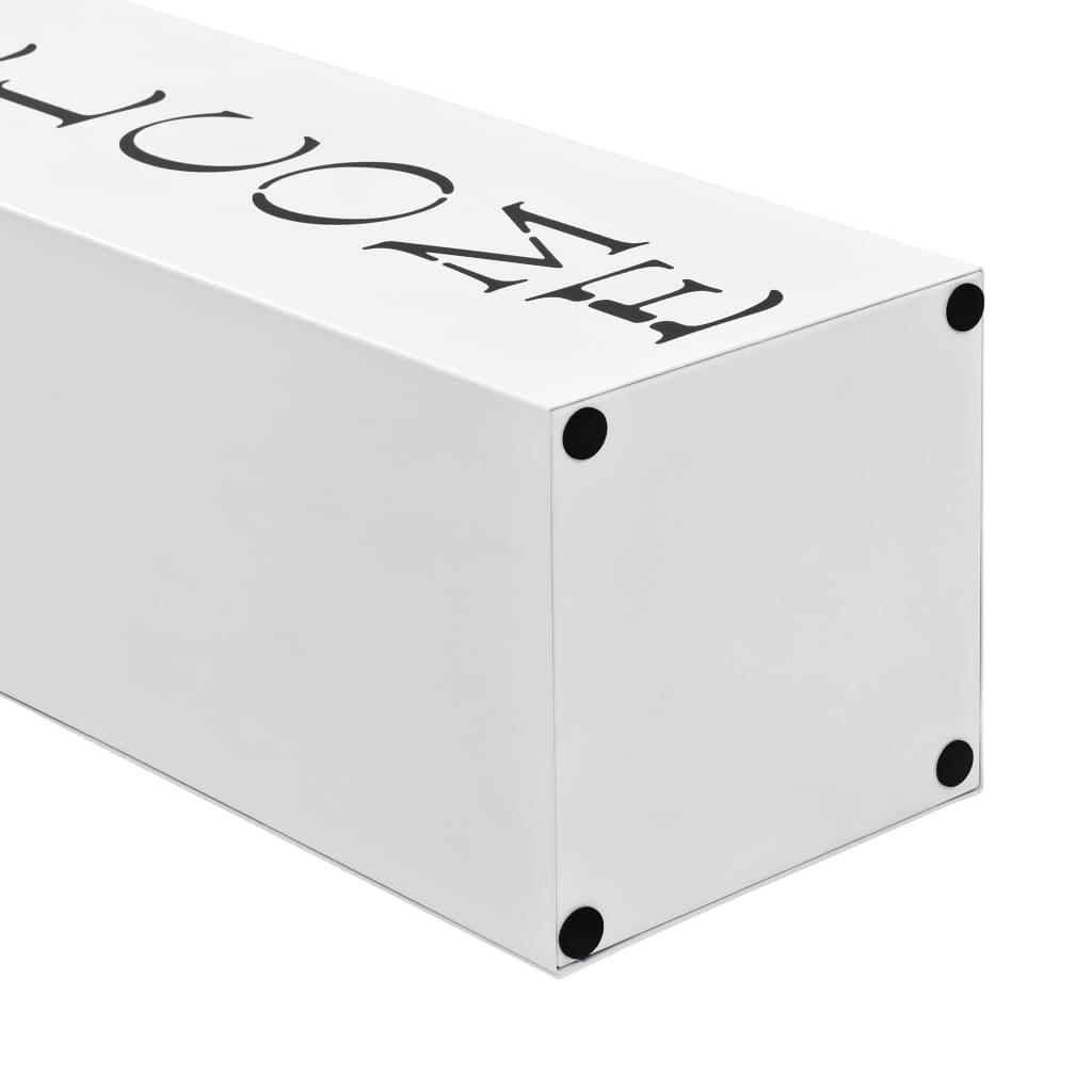 White powder-coated steel umbrella stand with "Welcome" text and drip tray.