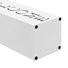 White powder-coated steel umbrella stand with "Welcome" text and drip tray.