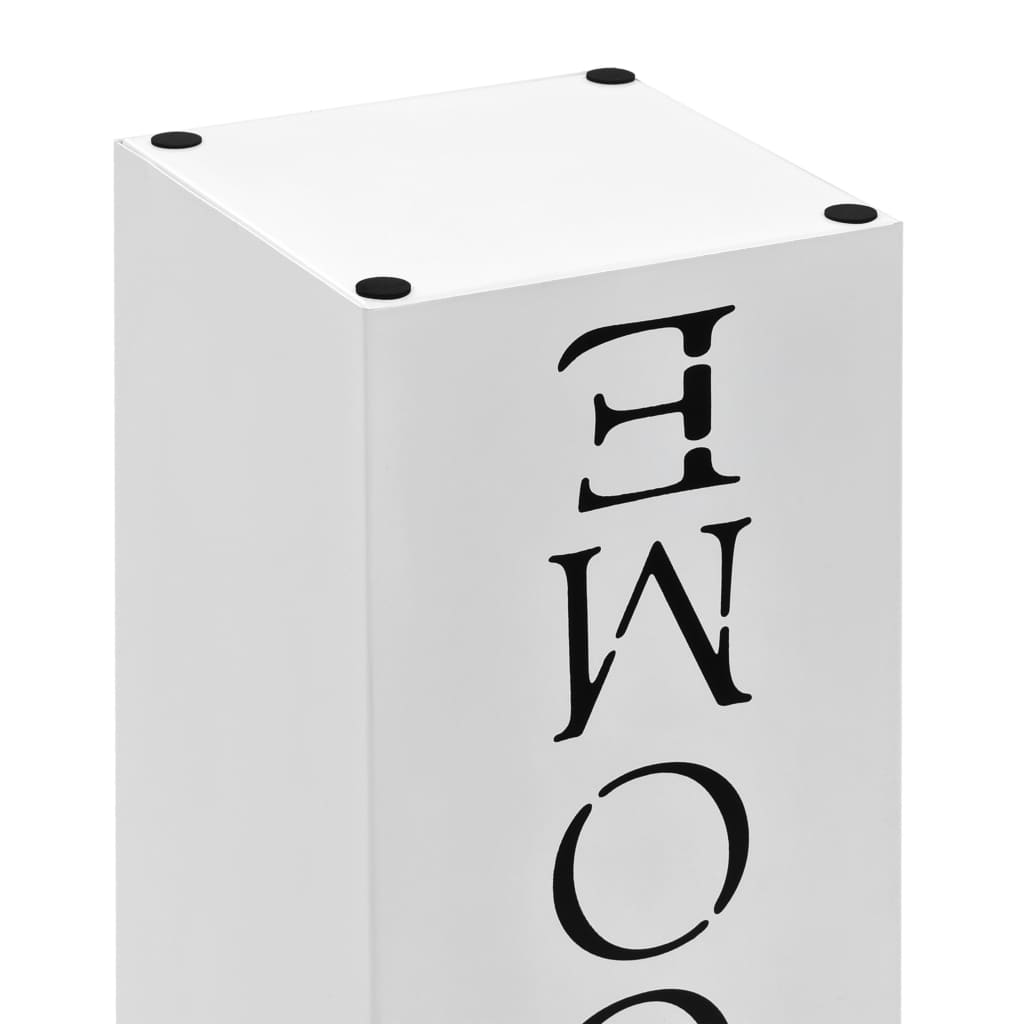 White powder-coated steel umbrella stand with "WELCOME" lettering.