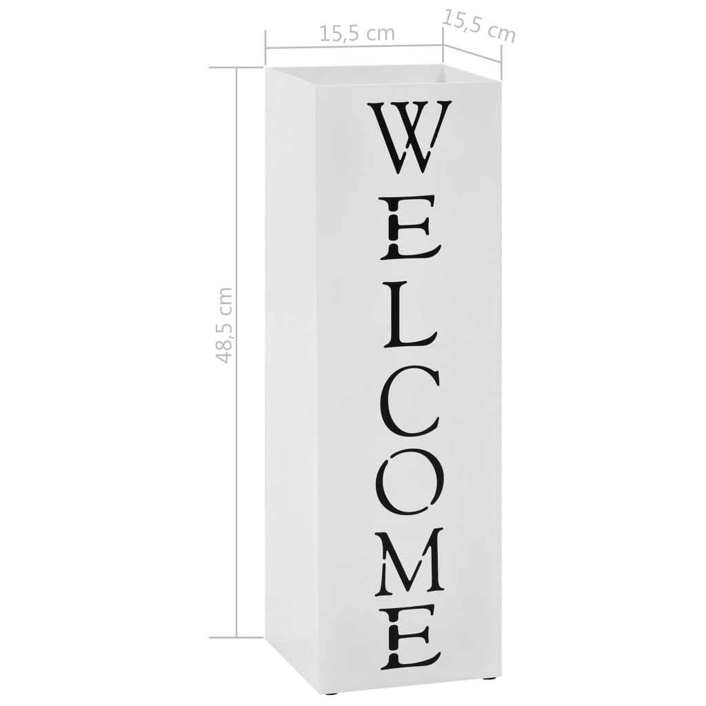 White powder-coated steel umbrella stand with "Welcome" lettering and dimensions.