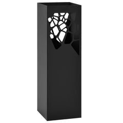 Black powder-coated steel umbrella stand with drip tray, 19 inches tall and slim square design.