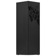 Black powder-coated steel umbrella stand with drip tray, 19 inches tall and slim square design.