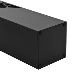 Black powder-coated steel umbrella stand with drip tray, 19 inches tall and 6.1 inches square.