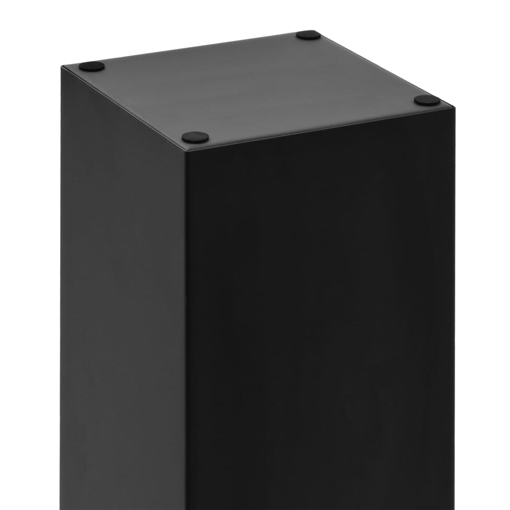 Black powder-coated steel umbrella stand with drip tray, 6.1-inch square and 19 inches tall.