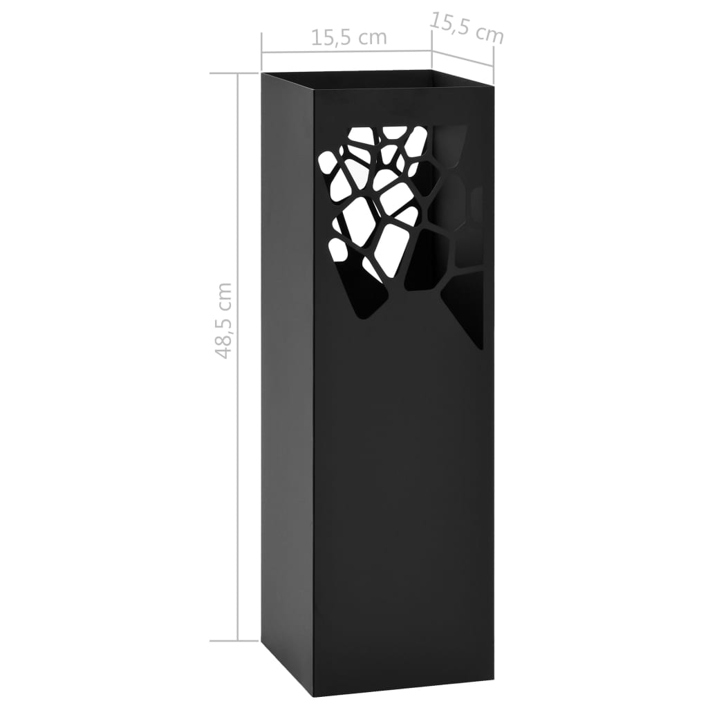 Black powder-coated steel umbrella stand, 19 inches tall with 6.1-inch square base and drip tray.