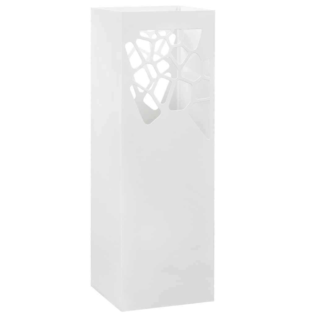 White powder-coated steel umbrella stand with drip tray and open design.