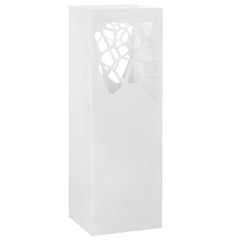 White powder-coated steel umbrella stand with drip tray and open design.