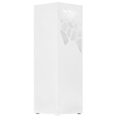 White powder-coated steel umbrella stand with geometric cutouts and removable drip tray.