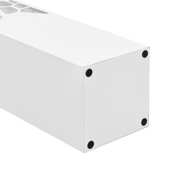 White powder-coated steel umbrella stand with geometric cutouts and removable drip tray.