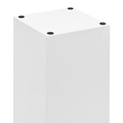 White powder-coated steel umbrella stand with removable drip tray, 19 inches tall.