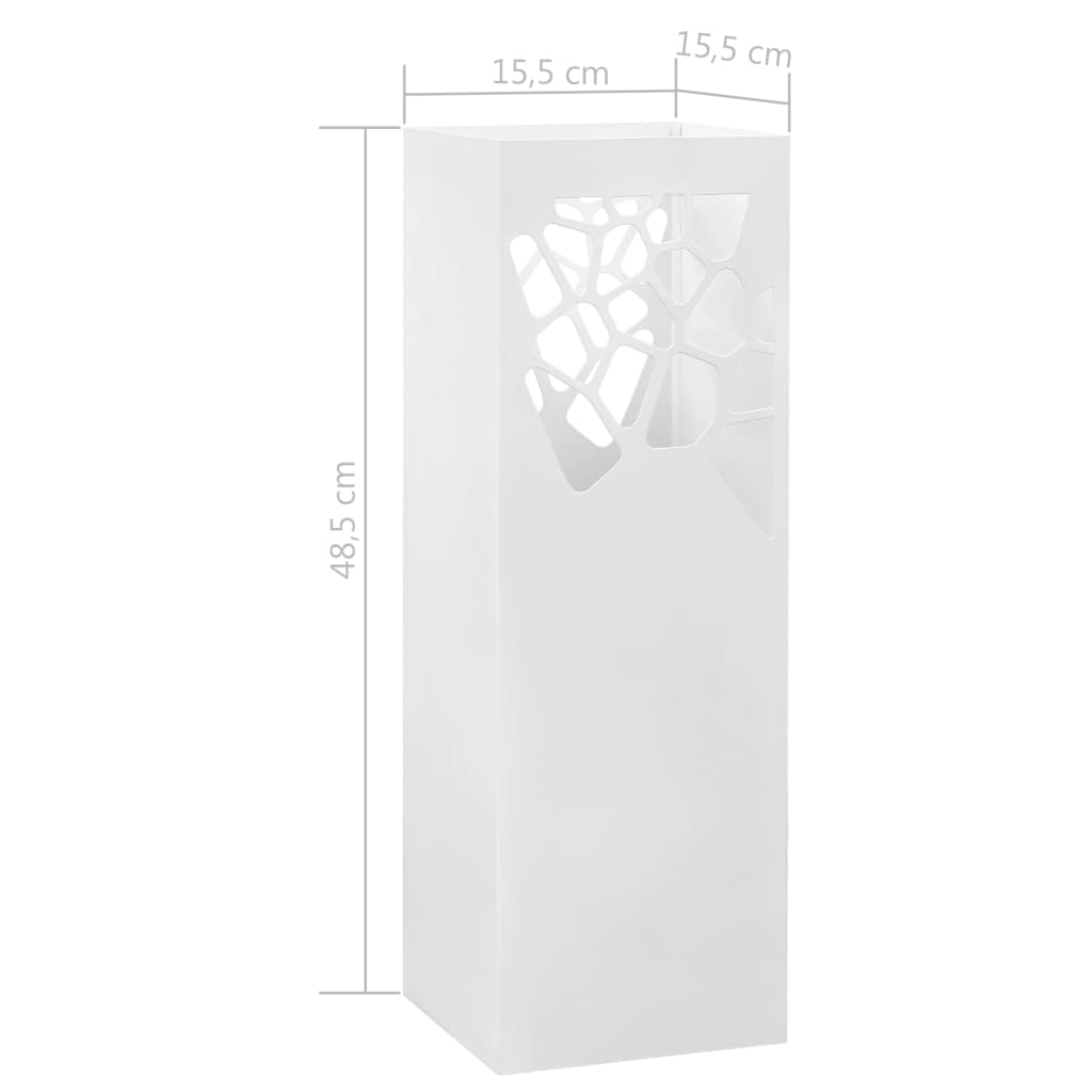 White powder-coated steel umbrella stand with drip tray, measuring 48.5 cm tall and 15.5 cm wide.