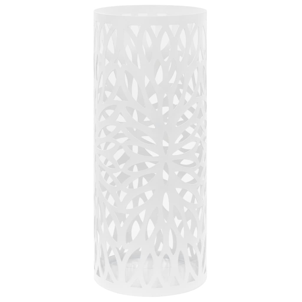 White steel umbrella stand with leaf cutouts and drip tray.