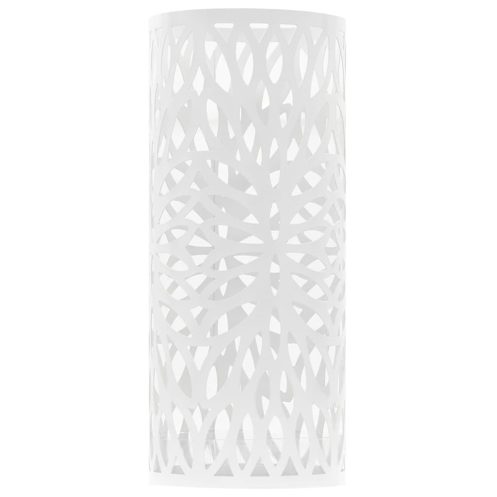 White steel umbrella stand with leaf cutouts and drip tray.