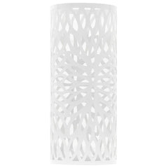 White steel umbrella stand with leaf cutouts and drip tray.