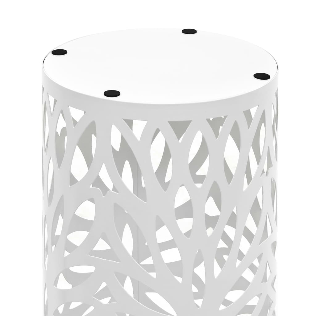 White steel umbrella stand with leaf cutouts and drip tray.