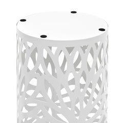 White steel umbrella stand with leaf cutouts and drip tray.