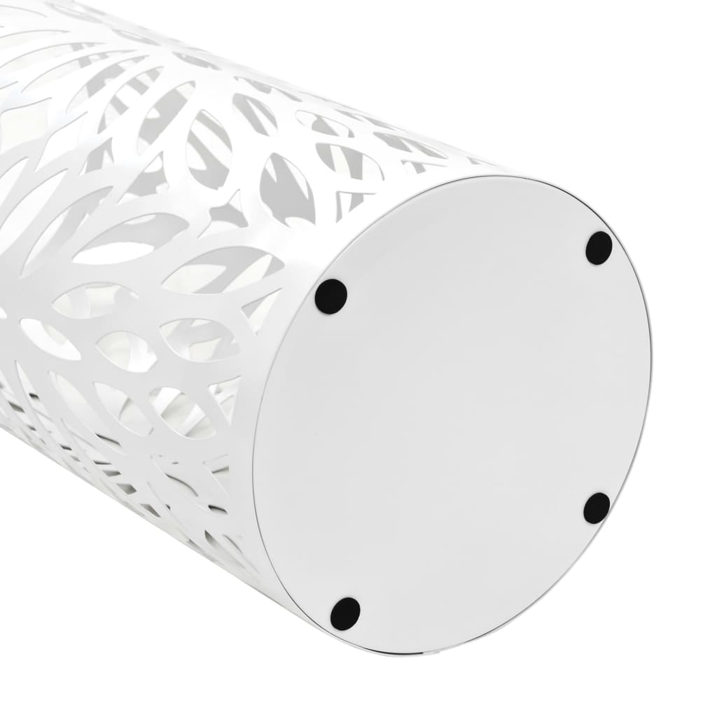 White steel umbrella stand with leaf cutouts and drip tray.