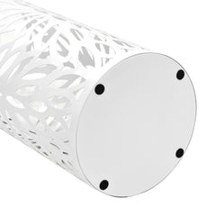 White steel umbrella stand with leaf cutouts and drip tray.