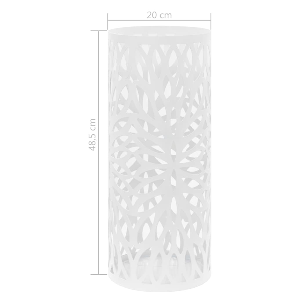 White steel umbrella stand with leaf cutouts and drip tray, 20 cm diameter, 48.5 cm height.