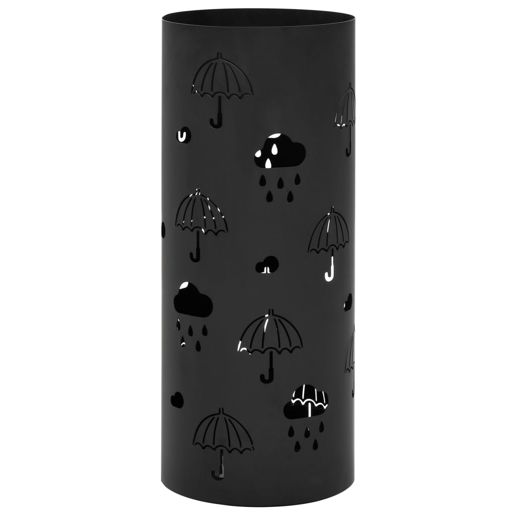 Black powder-coated steel umbrella stand with umbrella and raindrop cutouts and drip tray.