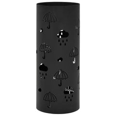 Black powder-coated steel umbrella stand with umbrella and raindrop cutouts and drip tray.