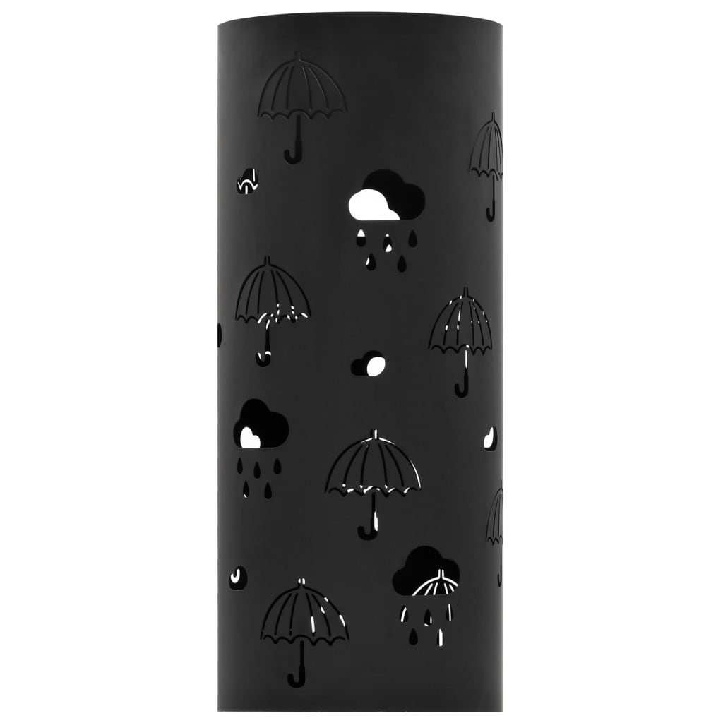 Black powder-coated steel umbrella stand with umbrella cutouts and drip tray.