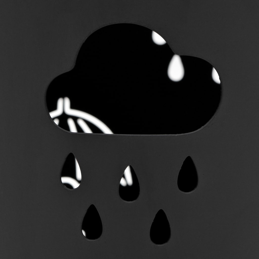 Black powder-coated steel umbrella stand with drip tray, 19.1 inches tall.