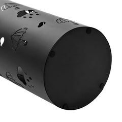 Black powder-coated steel umbrella stand with umbrella cutouts and drip tray.
