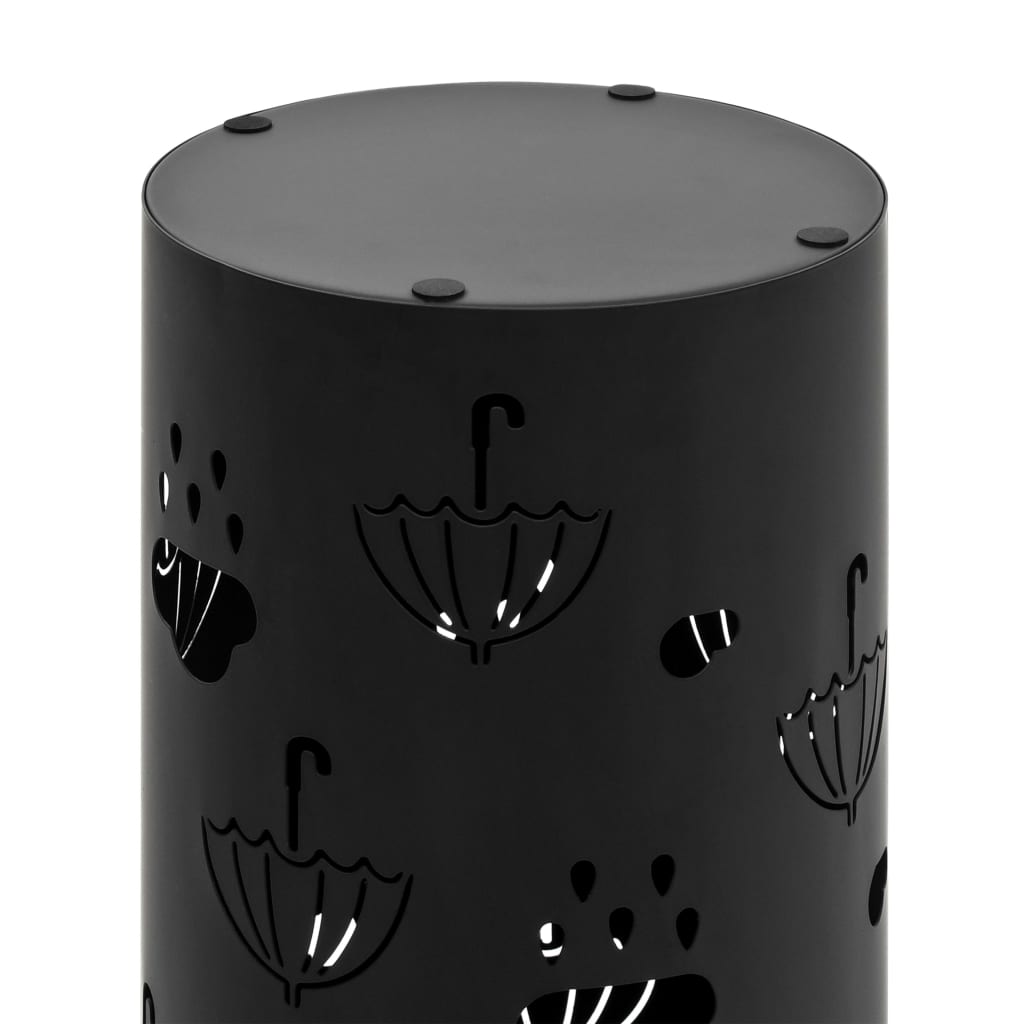 Black powder-coated steel umbrella stand with umbrella pattern and drip tray.