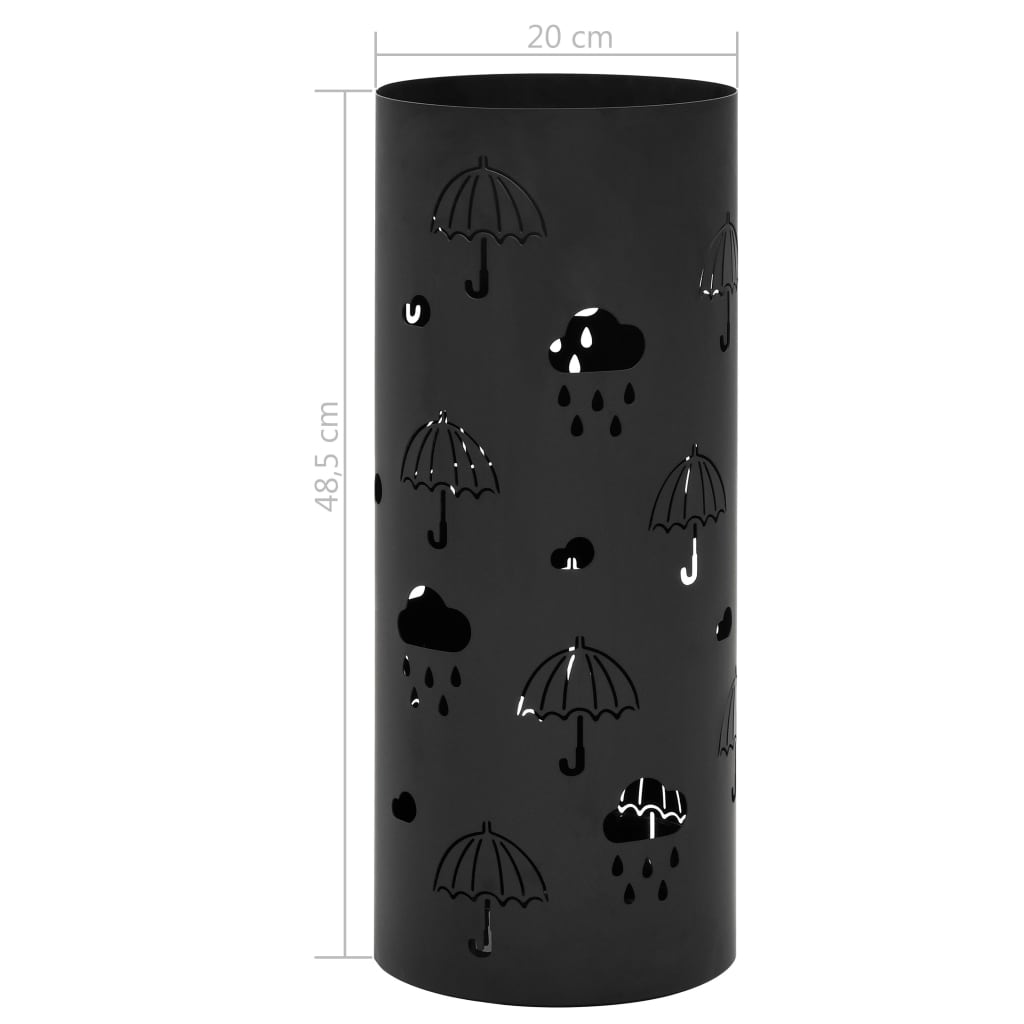 Black powder-coated steel umbrella stand with umbrella and cloud cutouts and drip tray, 20 cm wide.