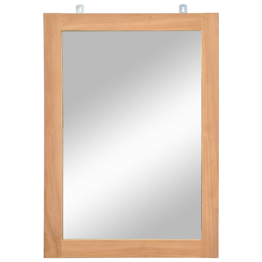 Rectangular solid teak wall mirror, 19.7 by 27.6 inches, with wall-mounting hooks.